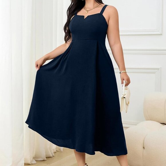 Women's Plus Size Maxi Dress Polyester V-Neck Sleeveless Fitted Pockets - Picture 7 of 7
